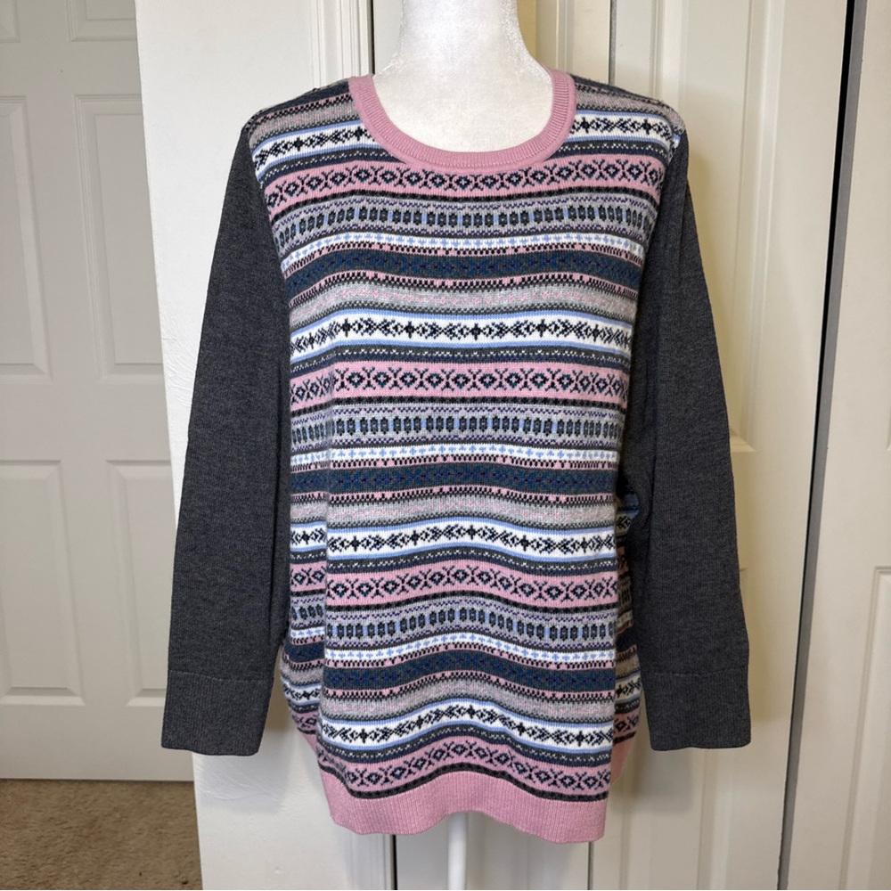 Talbots Woman 2X Pink Grey Blue Knit With Ornament Pullover Sweater Lambswool